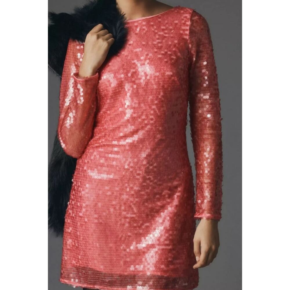 Pink Sequin Drape Back Mini Dress Anthropologie Long Sleeve NEW with Tags 16W - Picture 6 of 12